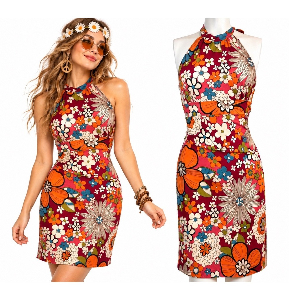 Retro 60s 70s Mod Psychedelic Floral Halter Dress Hippie Flower Power Size Small